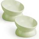 LoeJan Elevated Cat Food Bowl, 5 Oz Ceramic Raised and Tilted Water Bowl, Anti Vomiting and Protect Pets' Spines Dishes for Small Dog, Fat Faced Cat, Kitten (Green, 2 Pack)