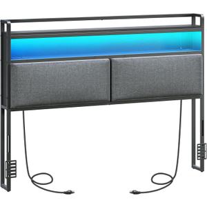 Queen Size Headboard, Upholstered Headboard with Charging Station and LED Light, 2 AC Outlets, 2 USB Ports and 2 Type-C Ports, 2-Tier Open Shelves, with Bed Frame Adapters, Black and Gray