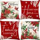 Merry Christmas Throw Pillow Covers Cardinal Berries Red Xmas Throw Pillow Covers Family is Everything Cushion Pillows Case Set of 4 (18 x 18) for Sofa Bed Home Decor