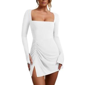 Oumrdeo Women’s Ruched Bodycon Dress Sexy Long Sleeve Square Neck Split Cocktail Party Club Mini Short Tight Dress XL