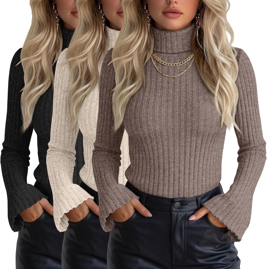 3 x 3 Pack Women's Turtleneck Sweaters Ribbed Knitted Bell Long Sleeve Pullover Shirt Basic Tops Fall Winter(Light Coffee, Apricot, Black,Large) (Black, L)
