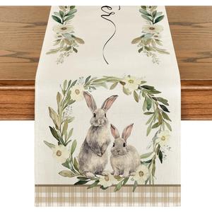 Artoid Mode Buffalo Plaid Bunny Rabbit Wild Flowers Easter Table Runner, Seasonal Kitchen Dining Table Decoration for Home Party Decor 13x72 Inch (Beige)