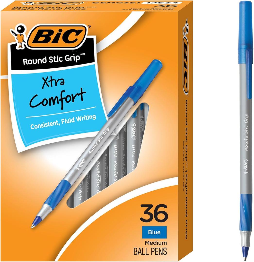 BIC Round Stic Grip Xtra Comfort Blue Ballpoint Pens, Medium Point (1.2mm), 36-Count Pack, Excellent Writing Pens With Soft Grip for Superb Comfort and Control