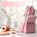 Astercook Knife Set, Kitchen Knives Set with Block and Sharpener 15 Pcs German Stainless Steel Knives Sharp Blade Dishwasher Safe Deba Knives with Ergonomic Handle, Crystal Pink
