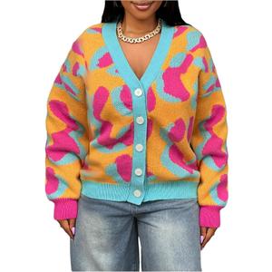 WDIRARA Women's Floral Button Down Cardigan Sweater Oversized V Neck Long Sleeve Knit Outerwear (L)