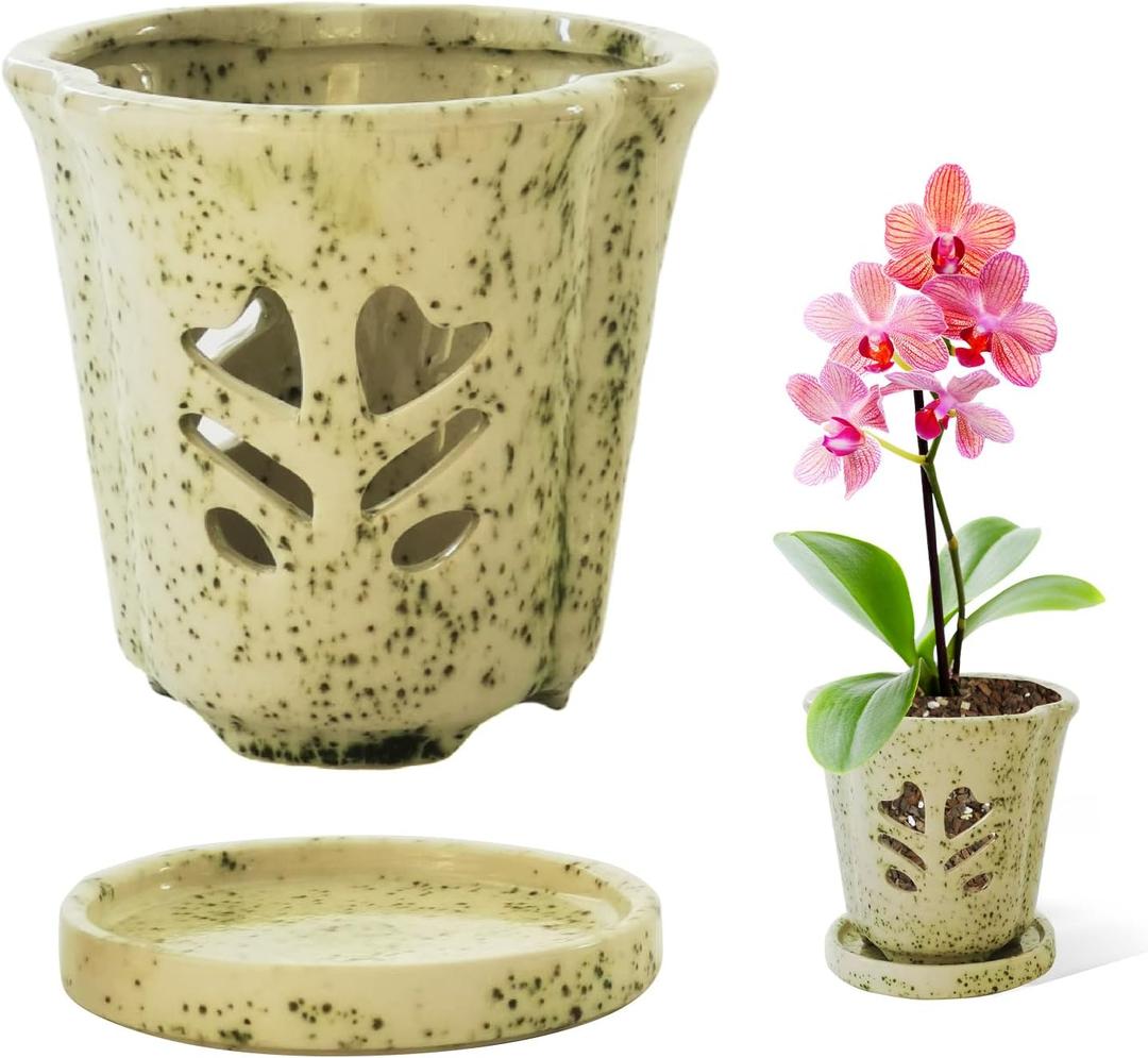 Orchid Pot 4 Inch, Ceramic Orchid Pots with Hole for Repotting, Beatiful Ice Cracked Glaze Ceramic Flower Plant Pot with Saucer, Breathe Easy and Healthy for Orchid Plants. (S1 Mossy Green)