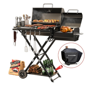 kscocinaBBQ Portable Charcoal Grill with Smoking Function, Foldable Suitcase Design with Wheels, Multi-Tier Storage Rack & Waterproof Cover for Outdoor BBQ Parties (Black)