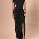 Floerns Women's Elegant Long Dress Asymmetrical Off Shoulder Ruched Slit Bodycon Cocktail Dresses (Black), XL
