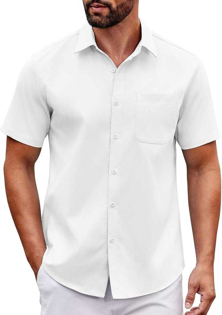 COOFANDY Mens Short Sleeve Button Down Shirts Casual Dress Shirt Untucked Shirts with Pocket (White, L)