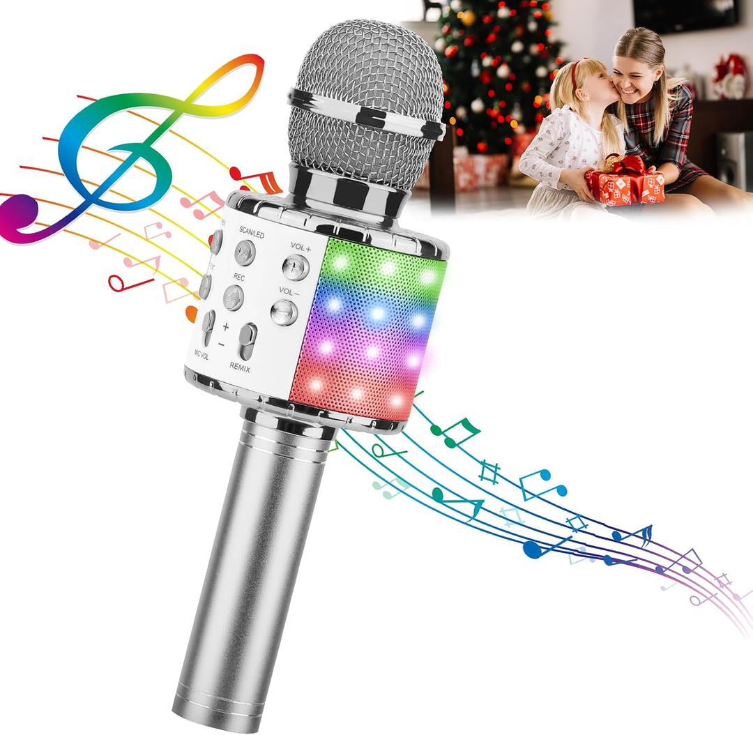 ShinePick Karaoke Microphone, 4 in 1 Wireless Microphone with LED Lights Handheld Portable Karaoke Machine, Home KTV Player, Compatible with Android & iOS Devices (Silver)