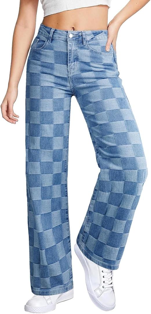 Sidefeel Women's Wide Leg Jeans High Waisted Stretchy Straight Leg Checkered Loose Denim Pants (18, Iceland Blue)