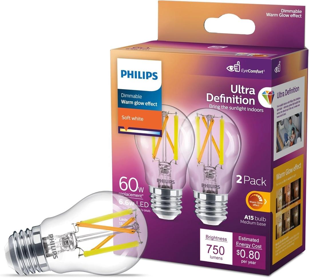 PHILIPS LED 60W A15 2-Pack Ultra Definition Soft White (2700K) 750 Lumen (6.6W = 60W) Dimmable Clear Flicker-Free Light Bulbs