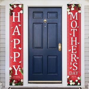 Happy Mothers Day Decorations Porch Banner Red and Pink Flower Mothers Day Decor Best Mom Ever Party Hanging Door Porch Sign Holiday Indoor Outdoor for Party Supplies