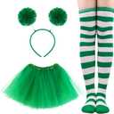 3 Piece Tulle Tutu Costume Set for Women Include Striped Knee Socks, 3 Layered Tulle Tutu Skirt, Pom Pom Headband (Adult, Green)
