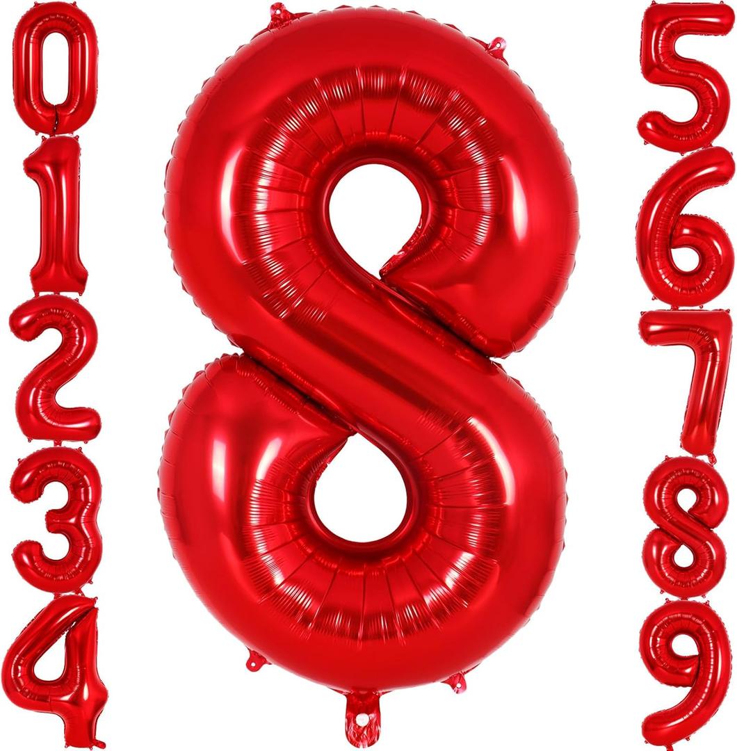 Red Number 8 Balloon 40 Inch, Big Large Foil Helium Number Balloons, Jumbo Giant Mylar Number 8 Balloons for 8 Year Old Birthday Red Party Decorations Supplies Anniversary
