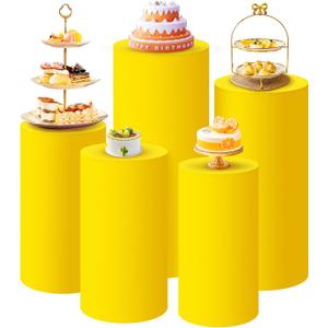 SaitiMade Set of 5 - Yellow Cylinder Pedestal Stand Covers, Spandex Cylinder Stand Covers for Party, Wedding or Birthday Event Decor - Only Contains Cylinder Covers