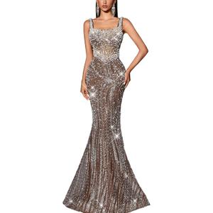 Women's Square Neck Sequin Beaded Mermaid Formal Evening Dress Spaghetti Strap Bodycon Prom Party Cocktail Maxi Gown (Coffee Brown, M)
