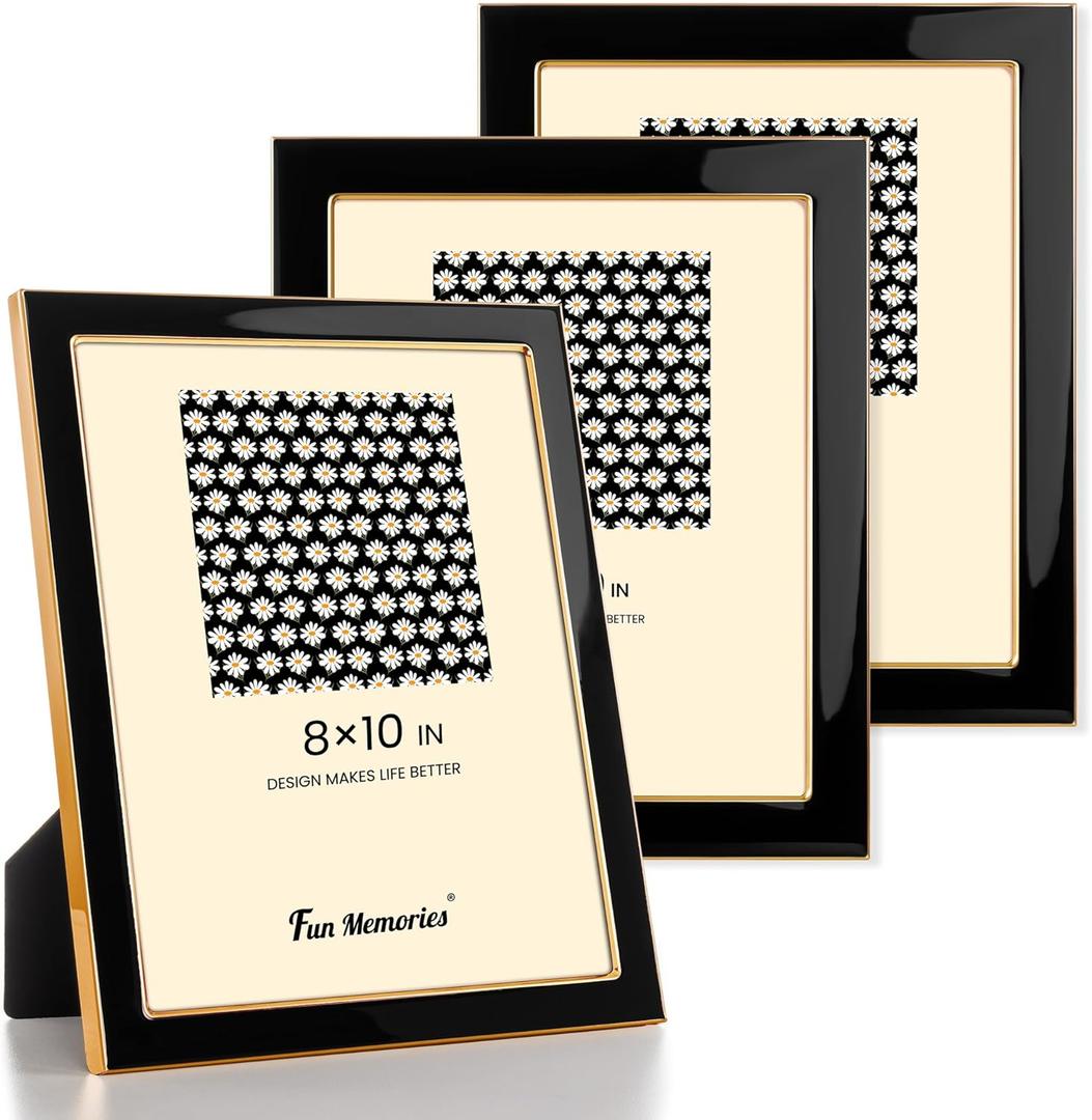 Fun Memories 8x10 Picture Frame - 3pcs Black Enamel Glass Photo Frame with Gold Metal Edge & Easel for Display Picture Frame on Countertops, Tabletops, Bookshelves, Desks, Walls (Black/Gold)