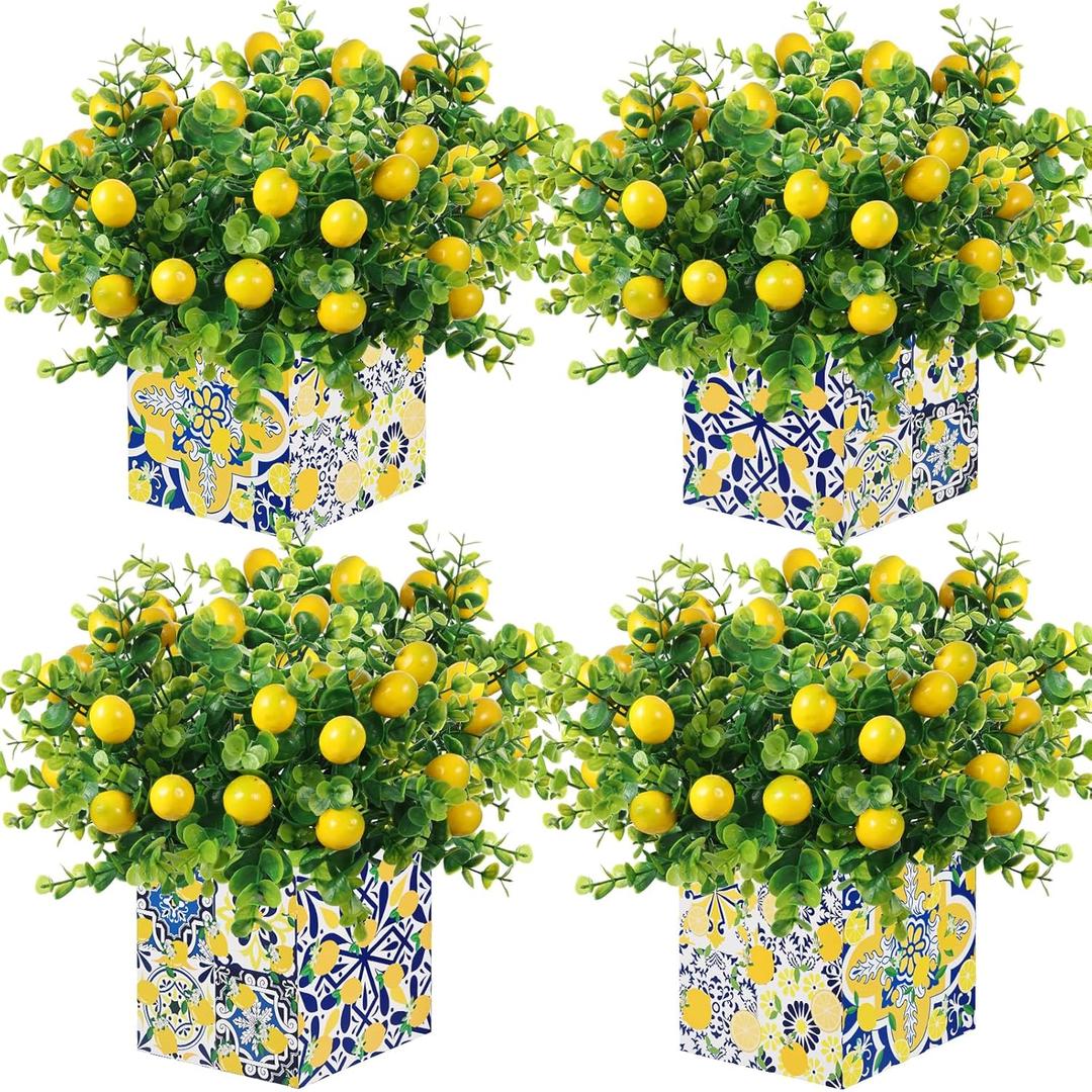 4 Sets Blue Tiles Lemon Table Centerpiece Decor Box and 16 Artificial Lemon Branches Amalfi Coast Capri Positano Lemon Party Supplies for Capri Mediterranean Wedding Birthday Baby Shower Party Decor (Yellow White-a)