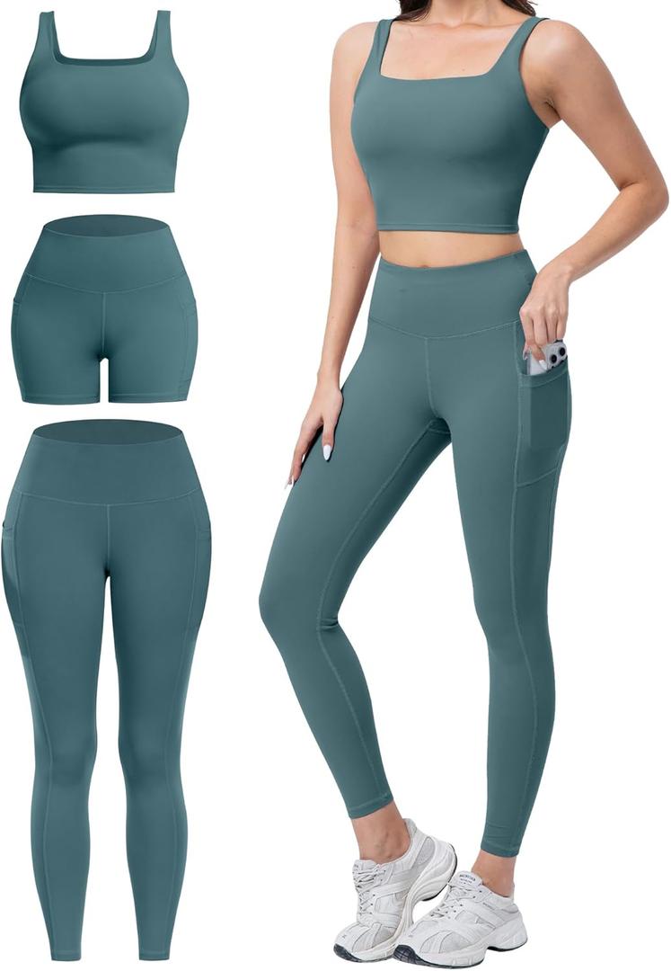 3 Piece Workout Sets for Women High Waisted Leggings with Pockets Tummy Control Biker Shorts Yoga Sports Bra (Large, Bean Green)