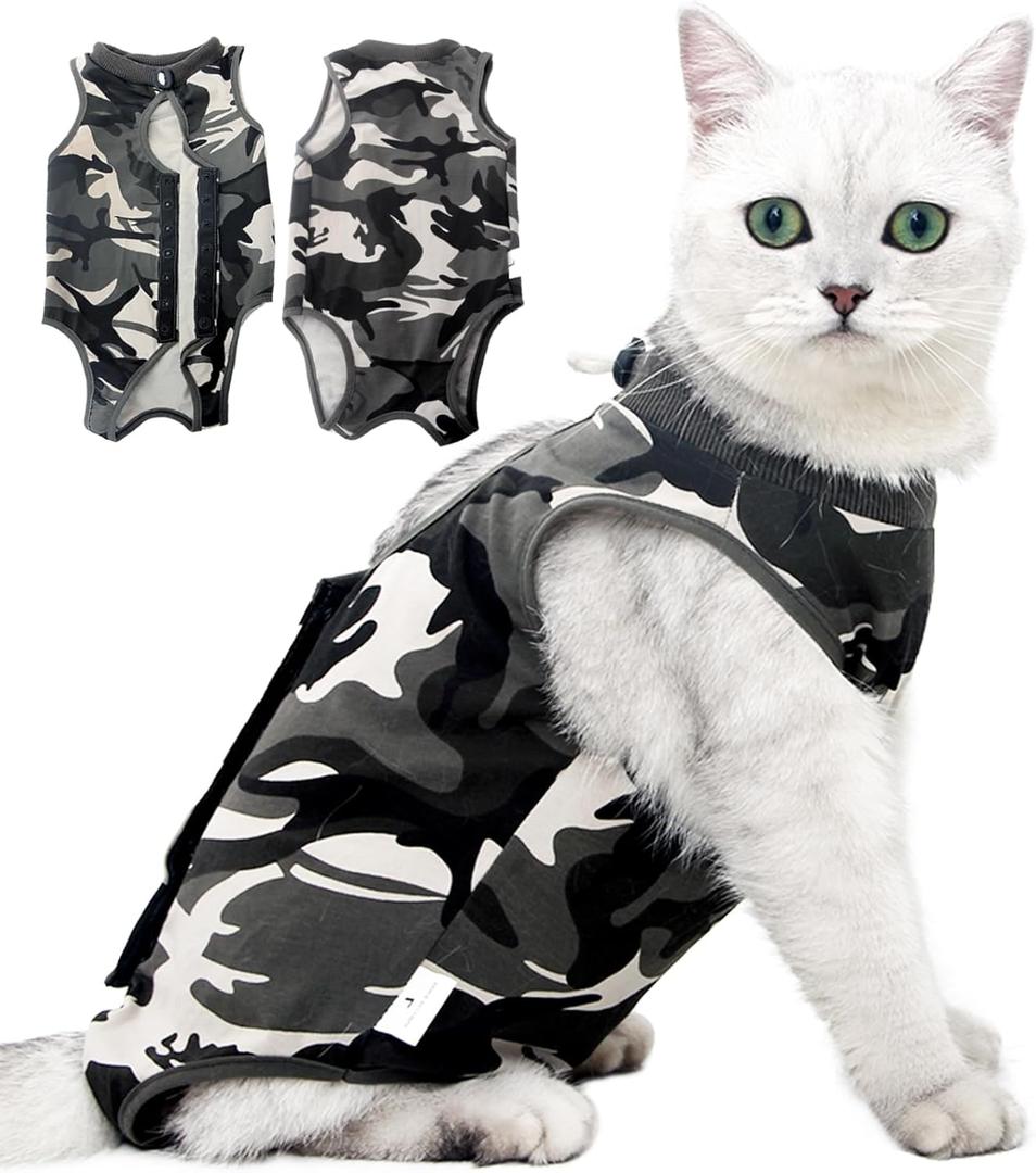 Cat Recovery Suit for Abdominal Wounds or Skin Diseases, Breathable E-Collar Alternative for Cats, (Camouflage, M)