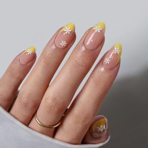 BTArtbox French Tip Press On Nails - Lamp-Curable Short Almond Press On Nails with Glue for Women, Semi-Transparent Soft Gel Glue On Nails in 16 Sizes - 32 Stick On Nails Kit, Daisy