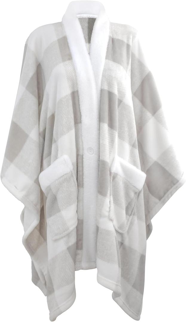 Mellowdy ULazy Blanket, Poncho Shawl Wearable Blanket with Pockets and Sleeves for Women and Men, Warm Snuggie, Soft Fuzzy Robe Fleece Throw for Gifting, Home, Travel (Light Grey Check)