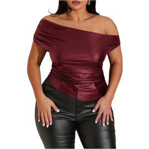 MakeMeChic Women's Plus Size Leather One Shoulder Tops Ruched Fitted Club Top Early Fall Fashion (3X-Large Plus, Burgundy)