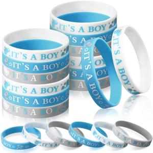 Zomiboo 36 Pieces Baby Shower Rubber Bracelets It's a Boy It's a Girl Wristbands Bear Elephant Baby Shower Decorations for Adult Party Favor Gender Reveal Party Supplies (Boy, White Blue)