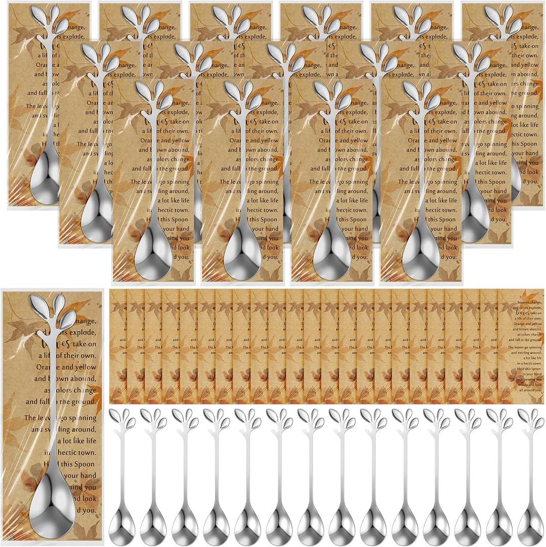 Nuogo 50 Sets Thanksgiving Tea Party Favors Tea Spoons Fall Leaf Coffee Dessert Spoons Bulk Autumn Harvest Bridal Shower Favor Wedding Thank You Gifts for Coworkers Guest (Silver)