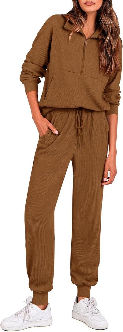 PRETTYGARDEN Women's Fall 2 Piece Lounge Sets Zip Up Sweatshirt Jogger Pants Sweat Track Suits Travel Outfit Winter Clothing (Medium, Brown)