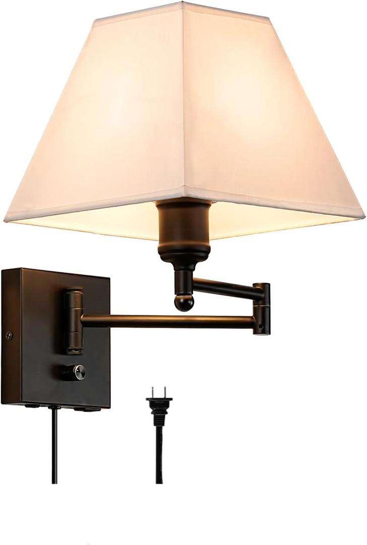 Swinging arm Wall lamp, Fabric lampshade, with Plug and dimming Rotary Switch, USB and Type-C Charging Port, Suitable for Bedside, Living Room, Hotel and Bedroom Wall Lamps (White square lampshade)