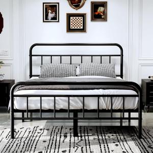 14Inch Metal Bed Frame,Full Size Bed Frame with Upholstered Headboard,Heavy Duty Sturdy Mattress Foundation,Easy Assembly,No Box Spring Needed,Black-Full