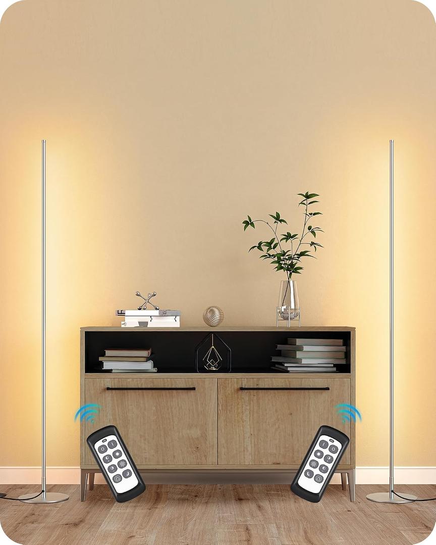 EDISHINE LED Corner Lamp, Set of 2 Minimalist Dimmable Light with Remote, 57.5" Tall Slim Sleek Floor Lamps for Living Room, Bedroom, Office, 7 Color Temperature 2700-6000K, (Silver)