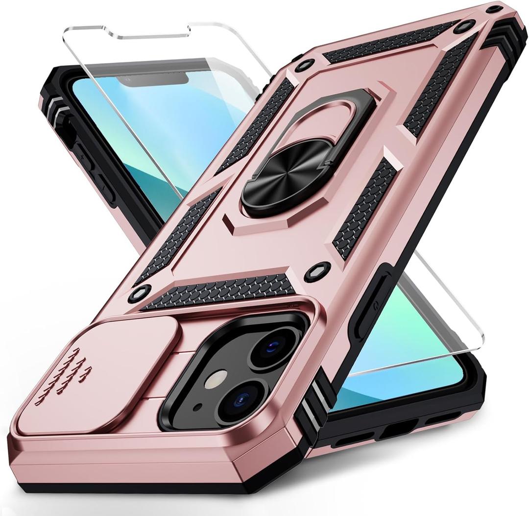 Vinve for iPhone 12 Mini Case with Slide Lens Cover, HD Screen Protector, Military Grade Drop Protection, Magnetic Rotated Ring Holder Kickstand Phone Case for iPhone 12 Mini,Rose Gold