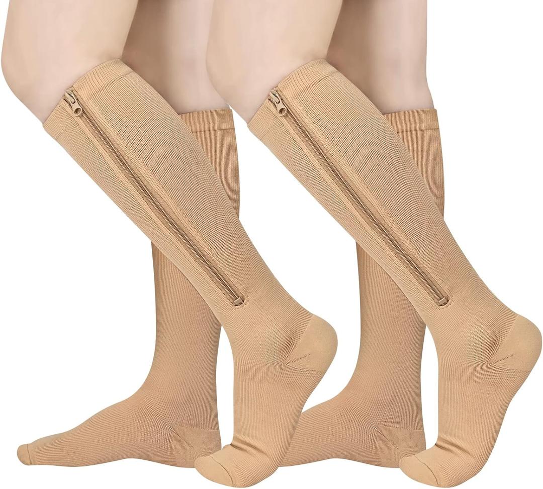 Athbavib 2 Pairs Zipper Compression Socks, 15-20 mmHg Closed Toe Compression Stocking with Zipper for Women and Men (Large-X-Large, Beige)