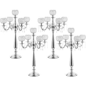 VINCIGANT4Sets 5 Arm Crystal Candelabra Centerpieces for Wedding,29.5Inches Tall Silver Metal Candlestick Holders with 5 Flower Bowl Holder for Anniversary Bathroom Party Home Decoration