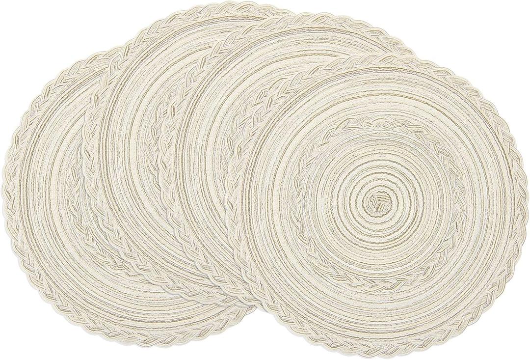 SHACOS Round Placemats Set of 4 Boho Braided Border Place Mats for Dining Tables Wedding Holiday Party (Ivory Bordered, 4)