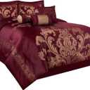 Chezmoi Collection 7-Piece Jacquard Floral Comforter Set (Queen, Maroon)