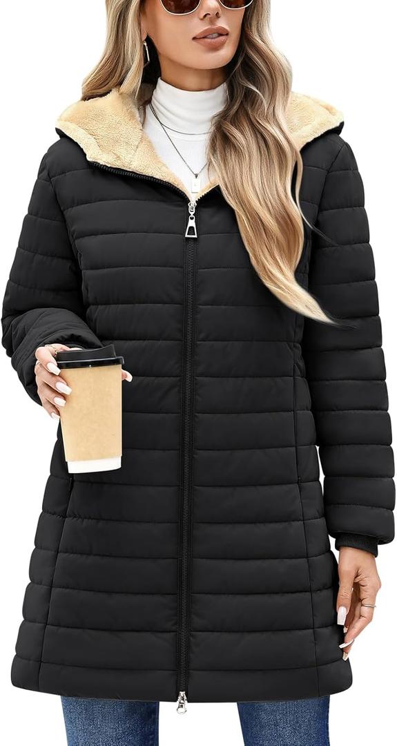 Women's Puffer Jacket with Hood, Lightweight Winter Quilted Jacket Outwear Down Coat Long Sleeve with Fleece Lining (Black)
