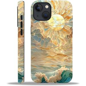 Case for iPhone 13 iPhone 14,Ocean Waves Sun Rays Stained Glass for 2 in 1 Hard Shell + Soft Silicone,Shockproof Bumper Drop Protective Case