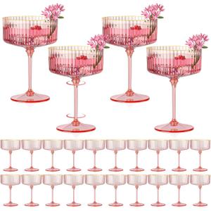 HKSZEH 24 PCS Ribbed Coupe Glasses Pink Plastic Champagne Coupe Cup 10oz Detachable Gold Rim Espresso Martini Glass Vintage Margarita Glassware Cocktail Glass for Wedding Bachelorette Party