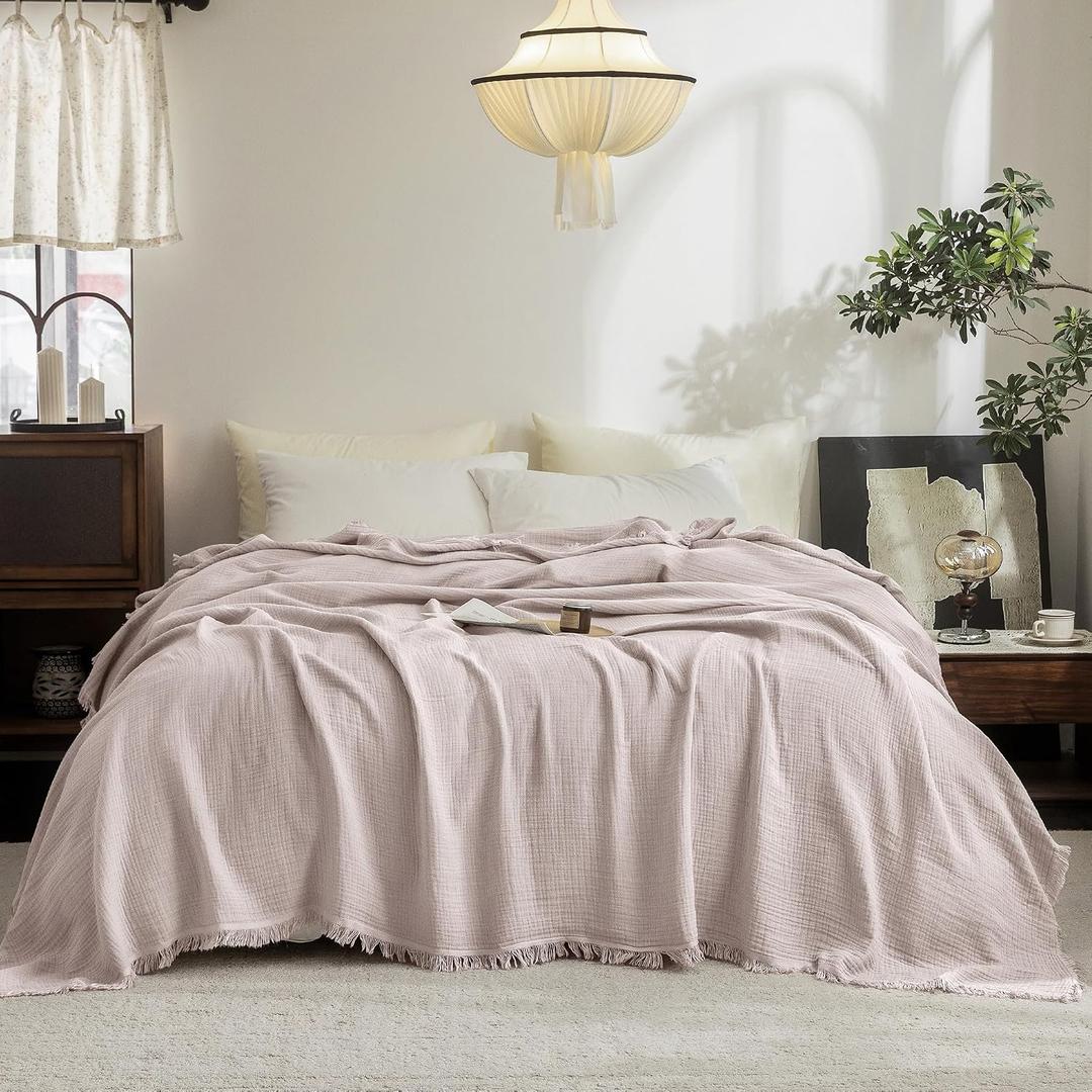 FOSSA Muslin Blanket with Fringe - 4-Layer 100% Cotton Gauze Super Soft & Breathable Throw -Lightweight Decorative Cooling Blanket for Bed, Sofa, Office (Greyish Pink, King (104" 90"))