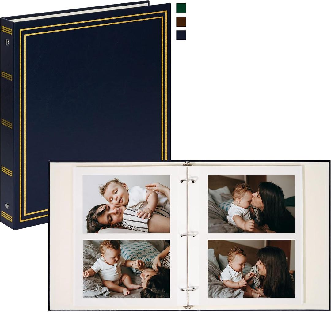 Vienrose Photo Album Self Adhesive Leather Cover D Ring Binder Vintage Printed Photo Book fits 4x6 5x7 Memory Book with Blank Sticky Pages for Travel Wedding 50 Sheets / 100 Pages, Navy Blue