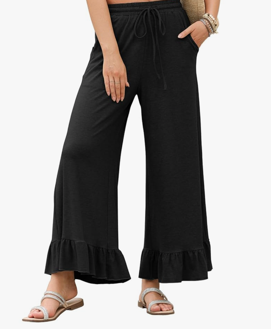 EVALESS Womens Wide Leg Pants Drawstring Elastic High Waisted Ruffle Hem Palazzo Pants with Pockets Size L