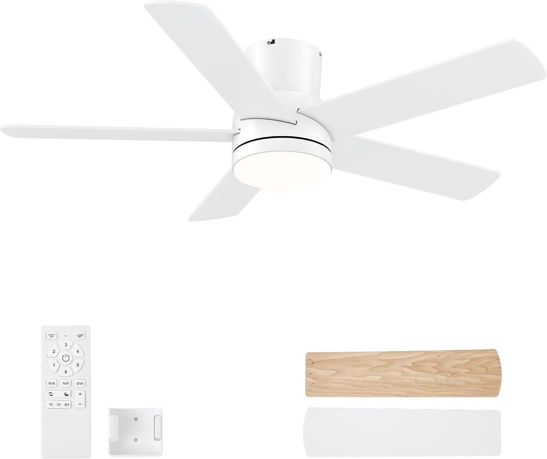42 Inch White Ceiling Fan with Light, Flush Mount and Remote Control, Dimmable 3-Color Temperature LED, 6-Speed Reversible DC Motor, 5-Blade Modern Design for Indoor or Outdoor