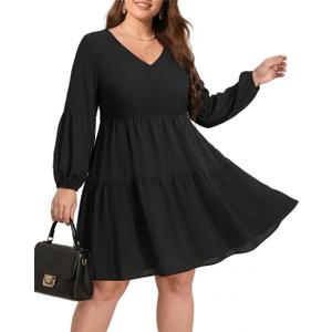 Pinup Fashion Plus Size Long Sleeve Fall Dress - Casual Babydoll Tunic Shift Tiered Flowy Dresses (Black) 20 Plus