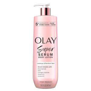 Olay Super Serum Hand & Body Lotion for Dry Skin, 24hr Long Lasting Hydration, 5+ Ingredient Serum Complex for Bright Even Firm Luminous Skin, Sweet Vanilla & Soft Wood Scent, 18.5 fl oz