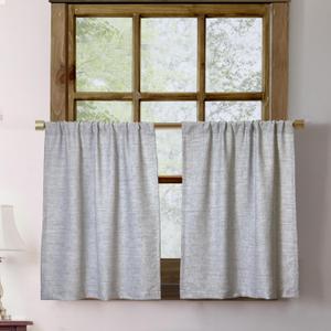 Faux Linen Kitchen Curtains 24 Inch Length Cafe Curtain Tiers for Living Room Basement Bathroom Windows Country Rustic Small Short Curtains, Set of 2, Grey