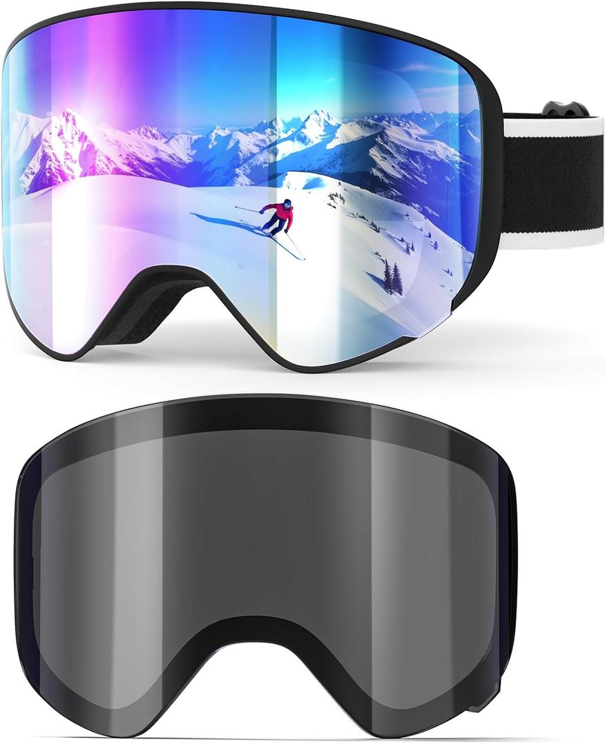 Ski Goggles with Magnetic Lens, Kids Snowboarding Goggles for Boys Girls, Anti Fog UV Protection Age 3-14 (01.black Frame With Multicolor Lens+ Grey Lens)
